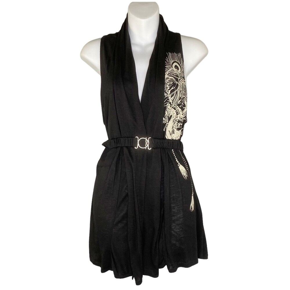 Prevett Vest Womens Large Black/Cream Belted Open Front Lagenlook Art to Wear